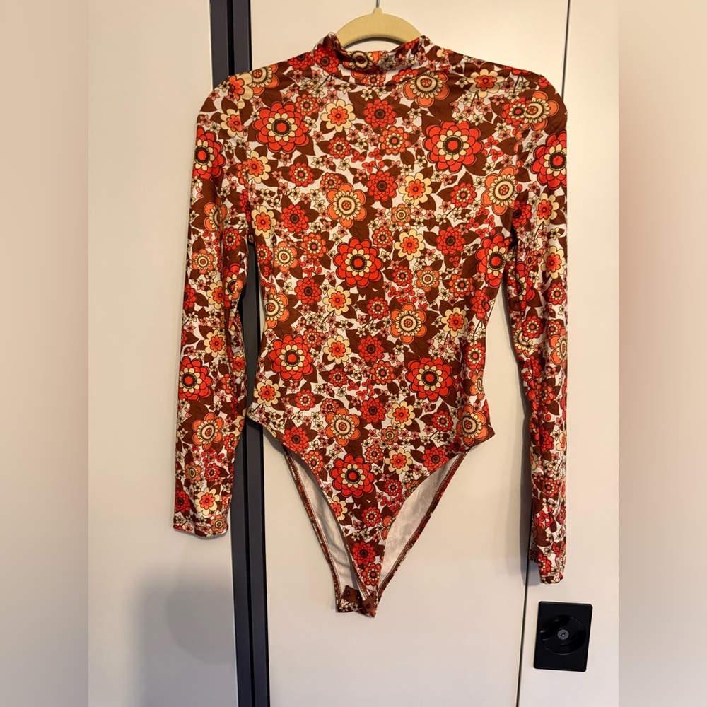 SHEIN Floral Long Sleeve High Neck Bodysuit - Red, Brown, Cream, Orange